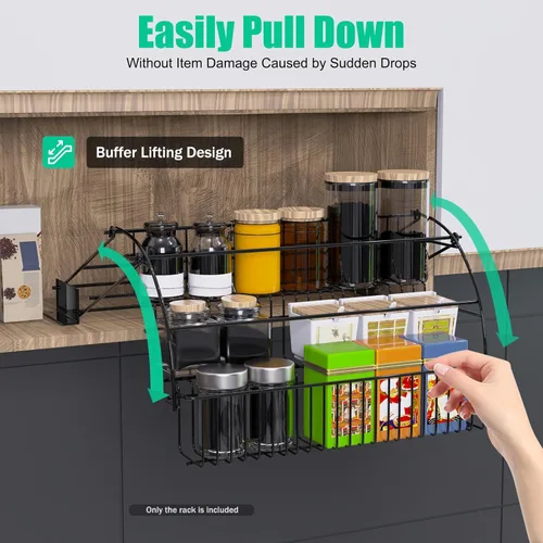 Miniatura 5 de Estante de especias desplegable de 3 niveles, organizador de almacenamiento de cocina de gran capacidad, barandilla elevada y placa de montaje