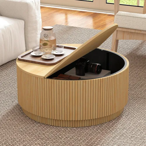 Miniatura 11 de Mesa de café redonda de 31.5", Mesa de centro moderna con acento acanalado y marco de metal, mesas de café de madera redondas para sala de estar