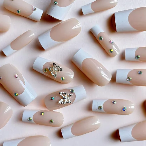 Miniatura 2 de Uñas postizas a presión con punta francesa blanca, uñas postizas largas cuadradas 3D con diamantes de imitación, uñas acrílicas nude, cobertura