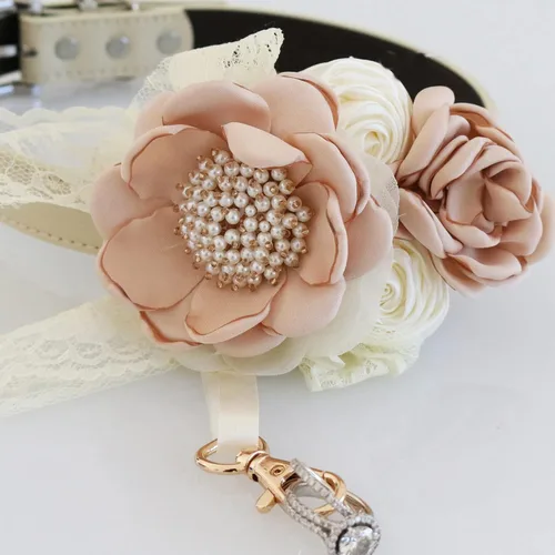 Miniatura 2 de Collar de perro de flor de encaje de perlas de champán marfil, collar ajustable hecho a mano, regalo para amantes de los perros, collar de perro