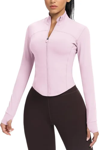 Miniatura 69 de AVGO Chaquetas de entrenamiento recortadas para mujer, con cremallera, ajustadas, atléticas, con agujeros para el pulgar