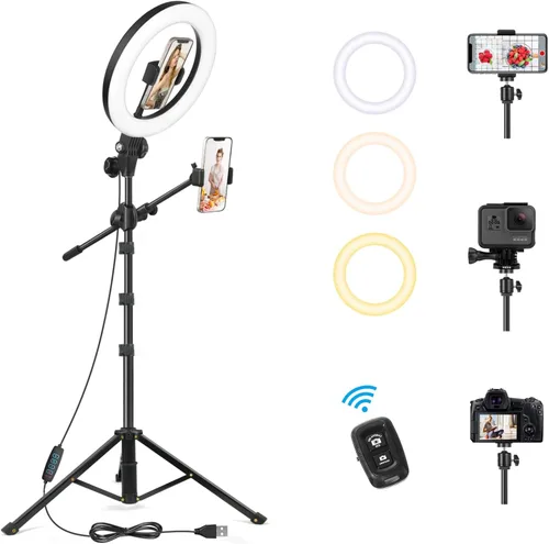 Miniatura 9 de Luz de anillo para selfie con soporte y soporte para teléfono, soporte de teléfono aéreo con luces de anillo de 10.5", luz circular de escritorio