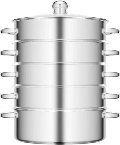 Miniatura 11 de Olla grande de acero inoxidable de 5 niveles, vaporizador de alimentos apilable multicapa con tapa de vidrio, para cocinar saludablemente, cocinar