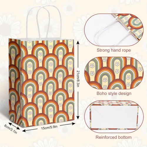 Miniatura 2 de AnyDesign 12 bolsas de regalo de papel floral bohemio retro a granel de margaritas arcoíris con asas, bolsa de dulces vintage para boda, cumpleaños