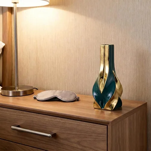 Miniatura 8 de Jarrón de cerámica verde y dorado de 10.6 pulgadas, moderno jarrón de flores geométrico para centro de mesa de comedor, elegante jarrón decorativo
