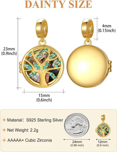Miniatura 26 de Custom4U Photo Charms for Bracelets 925 Sterling Silver/Gold Plated Heart/Tree of Life/Round Charm Bead Personalized with Picture Custom