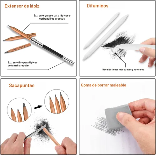 Miniatura 4 de YunQiDeer Lápices de dibujo, suministros de arte, kit de lápices de boceto para niños y adultos, juego de lápices de arte de grafito de carbón