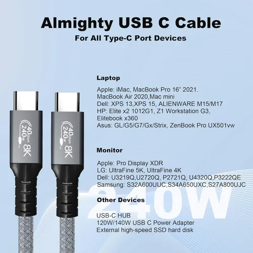 Miniatura 4 de LanSenSu Cable USB4 de 240 W, 1 pie, transmisión de datos de 40 GBps, carga súper rápida PD de 240 W (48 V5A), extensión HD de 8K a 60 Hz