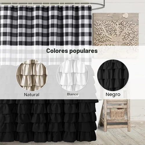 Miniatura 3 de Seasonwood - Juego de cortinas de ducha de granja negras con 12 ganchos, 72 x 72 pulgadas, cortinas de ducha de tela con patrón de cuadros de búfalo