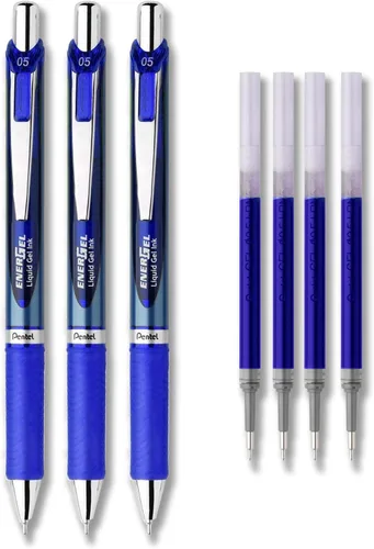 Pentel EnerGel Deluxe RTX - Juego de bolígrafos de tinta de gel líquido, paquete de 3 con 4 recambios (azul, 0.020 in)