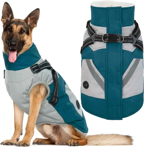 Miniatura 7 de IECOii Chaqueta para perro con arnés de invierno integrado, color negro, XXXL, abrigo de perro con cremallera, ropa de invierno para perros grandes