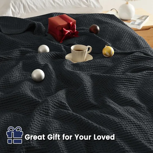 Miniatura 5 de PHF Manta de Tiro de Tejido Gofre 100% Algodón 50" x 60" - Ligera Lavada Suave Transpirable para Adultos y Niños - Capa Perfecta para Sofá Cama Negro