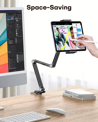 Miniatura 7 de OMOTON GH03 - Soporte para tablet con rotación de 360°, soporte de teléfono de brazo largo de aleación de aluminio GH03 con 2 abrazaderas de Negro