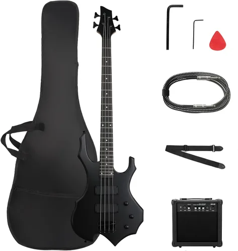 Miniatura 10 de Ktaxon Juego de bajo eléctrico de tamaño completo con diseño de llama con amplificador de 20 W, bolsa de bajo portátil, cable de amplificador Negro