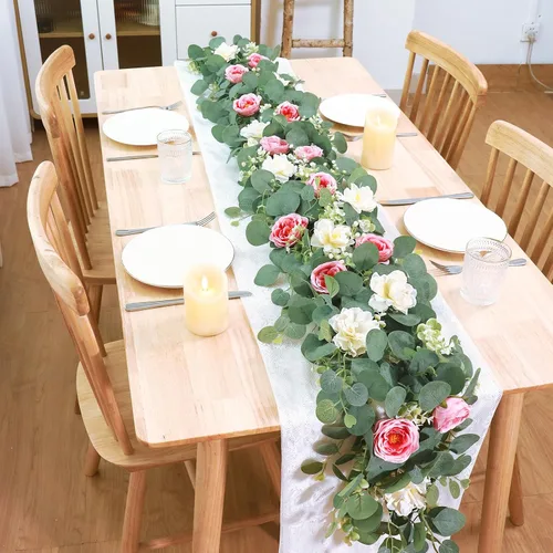 Miniatura 47 de TOCHGREEN Paquete de 2 Guirnaldas de Flores de Eucalipto Artificial de 12 Pies con Rosas Champán, Guirnalda de Flores de Rosa Falsa Verdor