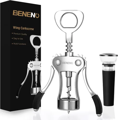Beneno Abridor de vino con tapón de silicona a prueba de fugas, sacacorchos de ala premium de aleación de zinc con abrebotellas multifuncional,