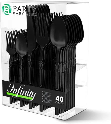 Party Bargains Juego de cubiertos negros de plástico desechable, utensilios de diseño moderno infinito, paquete de 40: 16 tenedores, 8 cuchillos, 16