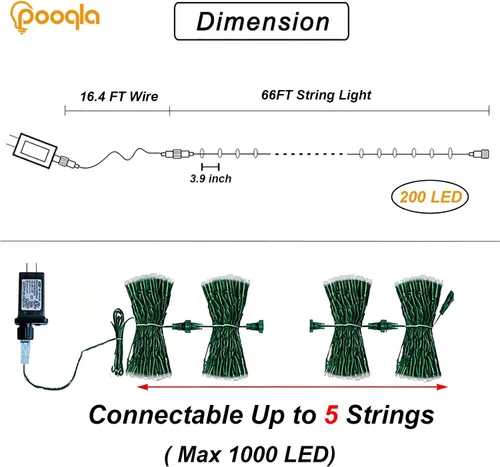 Miniatura 4 de Pooqla Guirnalda de 200 luces LED para interiores y exteriores, luces verdes de Halloween de 66 pies, enchufables con temporizador, 8 modos Alambre