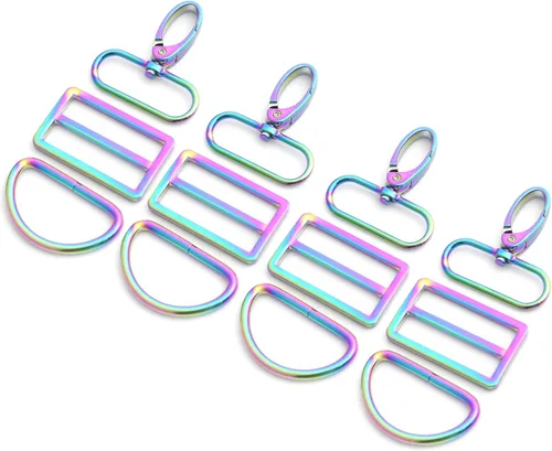 Ganchos giratorios de metal con anillos en D y hebillas deslizantes para bolso arcoíris Tri-Glides..