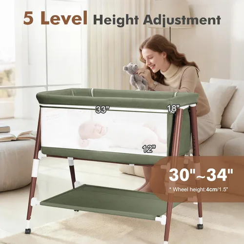 Miniatura 2 de Cuna de bebé, cuna portátil 3 en 1 para recién nacido, cuna de bebé portátil con 4 ruedas desmontables y altura ajustable, malla transpirable y Verde