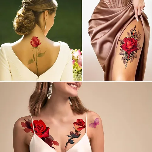Miniatura 5 de ROARHOWL Impresionantes tatuajes temporales de flores de rosas, tatuajes falsos de rosas grandes para mujer, juego de tatuajes de rosas (rosa 3)