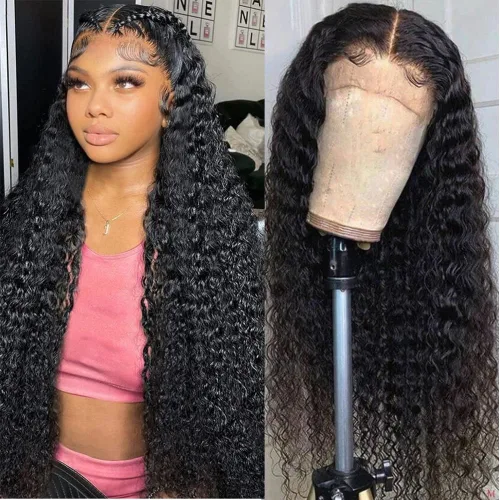 Miniatura 19 de Peluca de cabello humano con encaje frontal 99j borgoña ondulada profunda, 13x4, peluca frontal prearrancada, densidad del 180%, peluca rizada