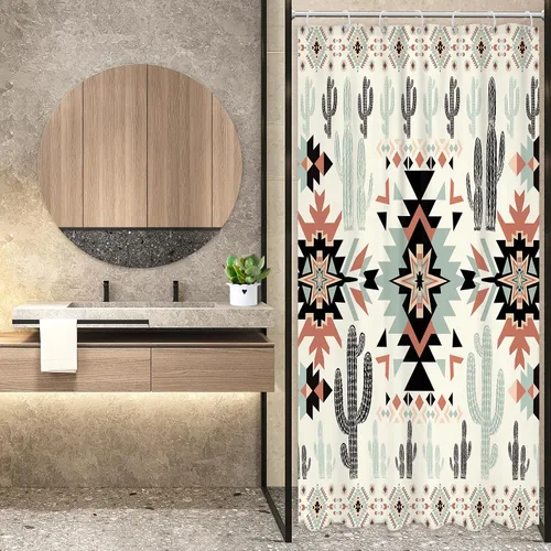 Miniatura 2 de Newsely Cortina de Ducha Pequeña para Caseta RV Occidental Azteca de Cactus 36Wx72H Pulgadas Campista Suroeste Boho Geométrica Étnica Cortina