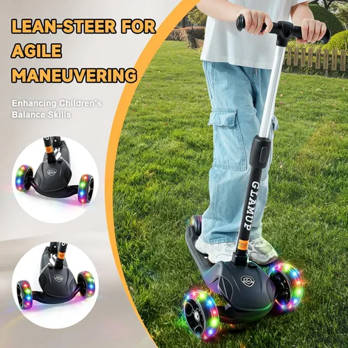 Miniatura 6 de GLAMUP Patinete para niños de 3 ruedas, manillar ajustable en altura para niños, sistema de inclinación para dirección y mecanismo de fácil plegado