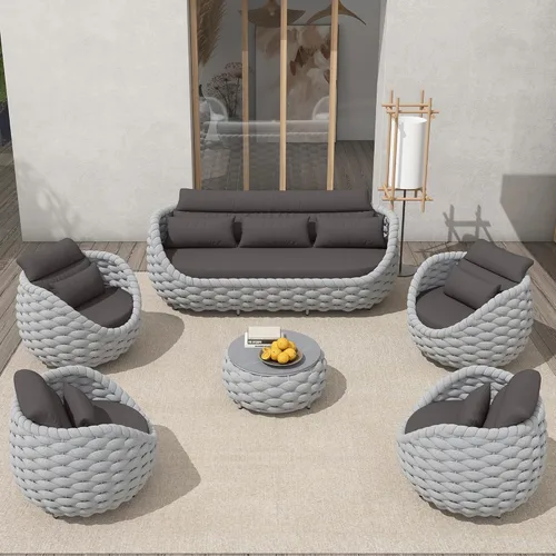 Miniatura 54 de TWT 3-Piece Woven Rope Patio Furniture Set, 2 Outdoor Armchairs with Soft Cushions + Round Aluminum Coffee Table, All-Weather Conversation Set for