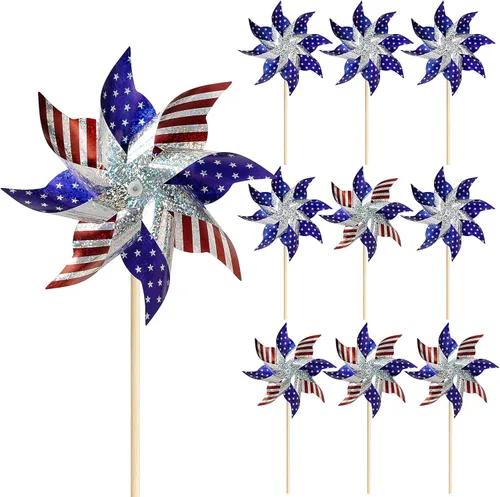 Miniatura 9 de HOOSUN 12 piezas de molinillos patrióticos con bandera americana para patio y jardín, molinillos rojos blancos y azules decorativos patrióticos