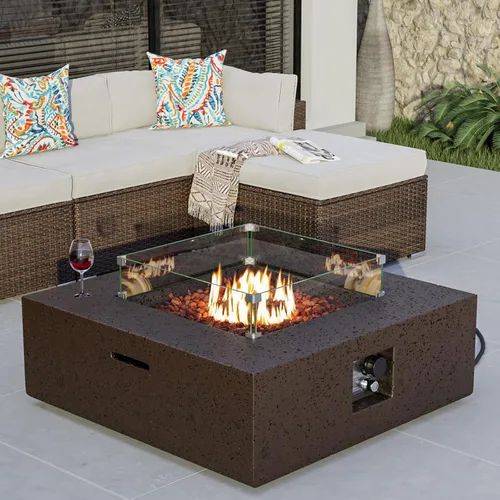Miniatura 30 de COSIEST mesa cuadrada de propano para exteriores de arenisca con protector contra el viento, certificada, quemador de acero inoxidable de 50,000