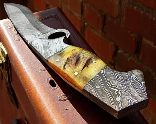 Miniatura 2 de Poshland RG-213 Cuchillo Bowie de acero de Damasco hecho a mano de 15 pulgadas - Hermoso mango de cuerno de cordero con refuerzos de acero de Damasco
