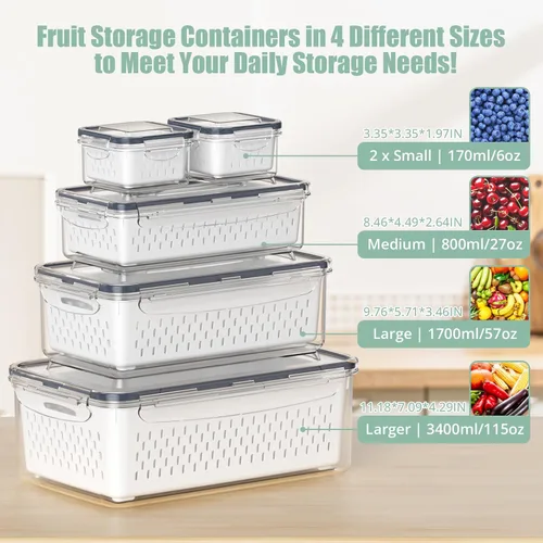 Miniatura 8 de 5 recipientes de almacenamiento de frutas para refrigerador con colador extraíble y tapa con asa, organizadores y almacenamiento de refrigerador