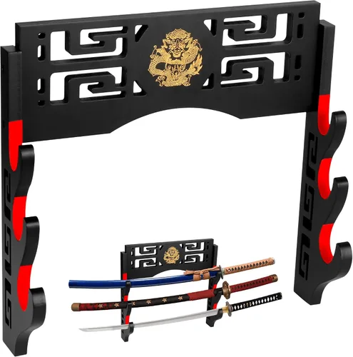 Miniatura 7 de Alyoen Soporte de pared Katana para espada Samurai con gancho acolchado de terciopelo y patrón de dragón, soporte de espada para sable de luz