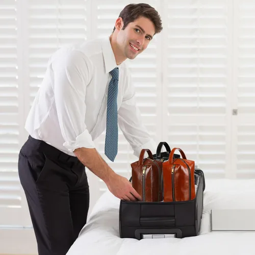 Miniatura 6 de Hillban 10 piezas de regalo de padrinos de boda bolsa de aseo de cuero para hombre, kit de afeitado de viaje, bolsa de baño, maquillaje, suministros