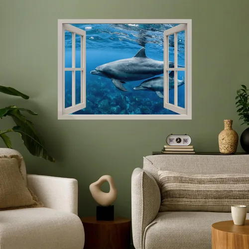 Miniatura 27 de wall26 Mural de pared extraíble – Hermosa pareja saltando delfines en el mar puesta de sol creativa vista de ventana decoración del hogar/decoración