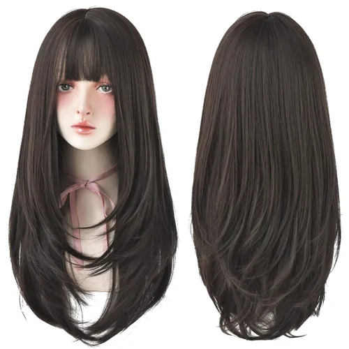 Miniatura 4 de 7JHH WIGS - Peluca de cabello sintético largo y liso con flequillo para mujer, aspecto natural (22 pulgadas, té negro)