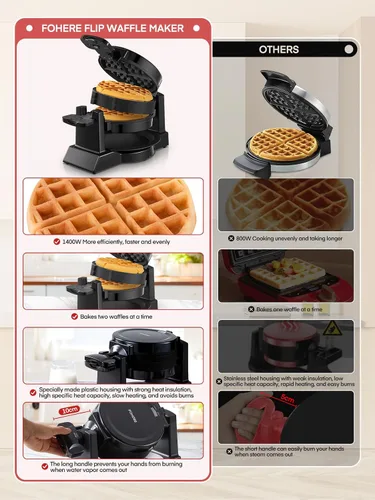 Miniatura 7 de Máquina para hacer gofres, plancha para gofres belga doble de 1400 W, giro de 180°, 8 rebanadas en 3 minutos, platos giratorios y antiadherentes