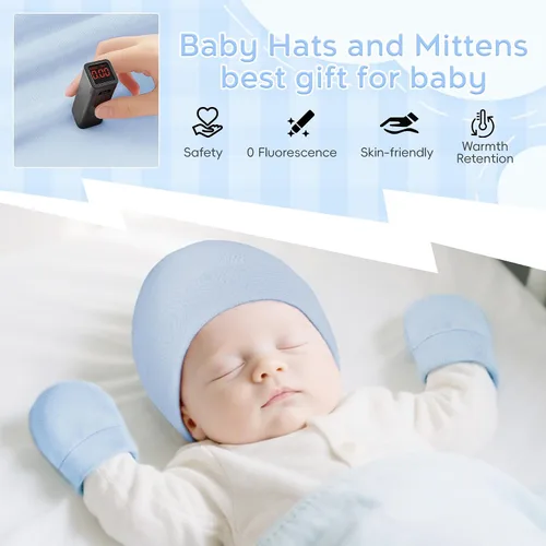 Miniatura 2 de Zando Gorros y manoplas unisex para bebés, gorro de hospital para recién nacidos, con guantes antiarañazos, conjunto para bebés y niños