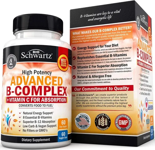 Miniatura 7 de Complejo de vitamina B con vitamina C para una máxima absorción – Metilcobalamina b12 y folato ácido fólico suplemento – Vitaminas B1 B2 B3 B5 B6 B7