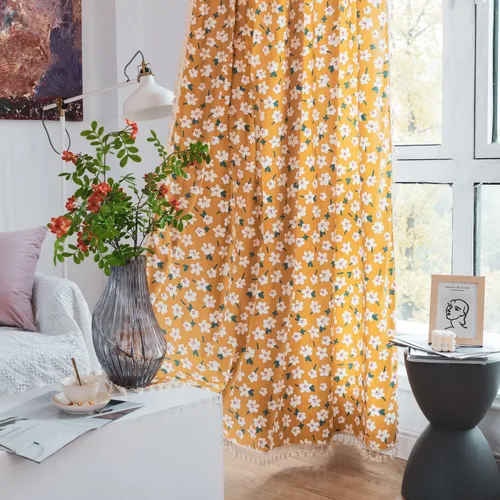 Miniatura 76 de Deeprove Cortinas bohemias para dormitorio, rayas huecas de ganchillo crema y estampado floral, tela de lino de algodón, con borlas beige bohemias