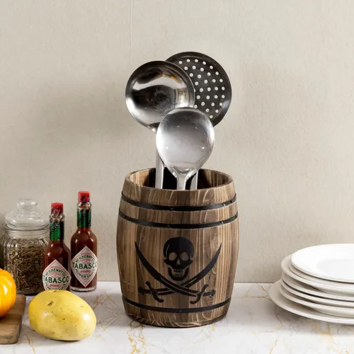 Miniatura 2 de MyGift Cántaro para Utensilios de Cocina Estilo Barril de Ron de Piratas de Madera Rústica Quemada, Soporte para Herramientas de Cocina
