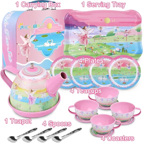 Miniatura 4 de PRE-WORLD - Juego de té para niñas pequeñas, 50 piezas de juguete de princesa para fiestas de té, incluye postre, galletas, dona, bandeja de tetera