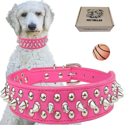 Miniatura 13 de TEEMERRYCA - Collares ajustables de piel sintética con tachuelas para perros, con pelota chillona de regalo, para mascotas pequeñas, medianas