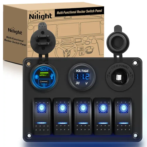 Miniatura 14 de Nilight - Panel de interruptor basculante de 4 bandas 90117G, panel de interruptores de aluminio precableado impermeable con doble USB encendedor