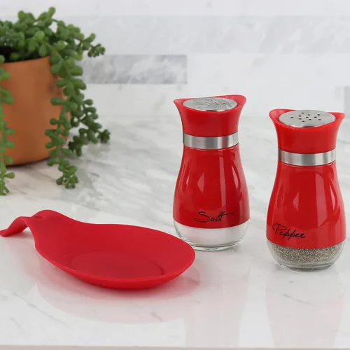 Miniatura 2 de Juego de cuchara redonda de silicona y coctelera de sal y pimienta de vidrio de 4 oz (rojo)