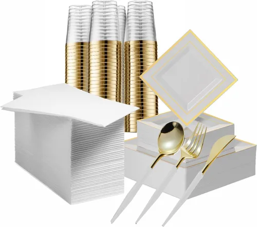 Juego de platos desechables dorados para 50 invitados, juego de vajilla de plástico dorado de 350 piezas, 100 platos cuadrados de plástico con borde