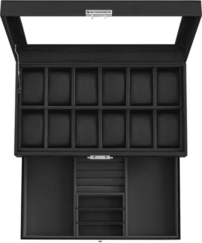 Miniatura 86 de SONGMICS UJWB012 - Caja de reloj de 12 ranuras, caja de reloj con cerradura con tapa de vidrio, 2 capas, con 1 cajón para anillos, pulseras, idea