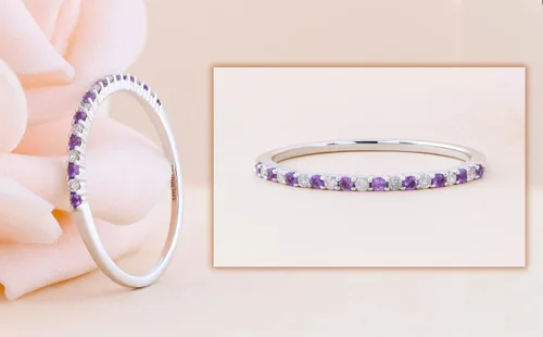 Miniatura 3 de Anillo apilable redondo de oro de 14 quilates con amatista y diamante blanco para mujer
