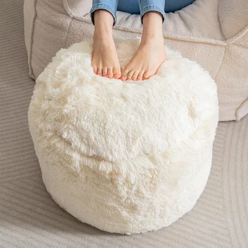 HIGOGOGO Puf Otomano Redondo Relleno, Pufs Largos de Piel Sintética con Relleno de Trozos de Espuma, Puf Esponjoso y Peludo Taburete Reposapiés Beige